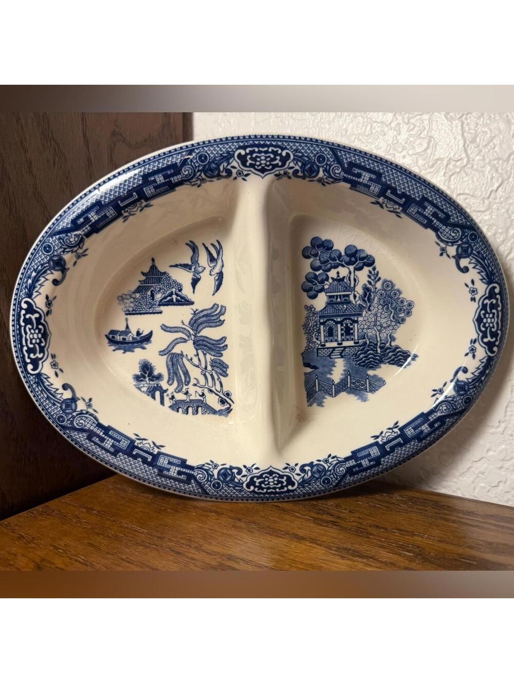 Vintage Churchill Blue Willow Oval Divided Serving Dish